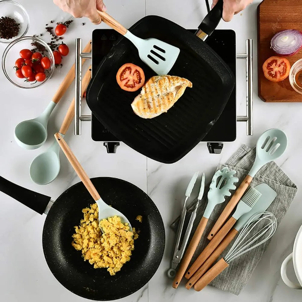 12 Pcs Silicone Kitchen Utensils Set – Heat Resistant Non-Toxic BPA-Free Cooking Tools Spatula, Spoon, Whisk, Turner, Brush, Tongs, Pasta Server Wooden Handle Non-Stick Utensil Set with Stand Durable Cooking Spoon Set