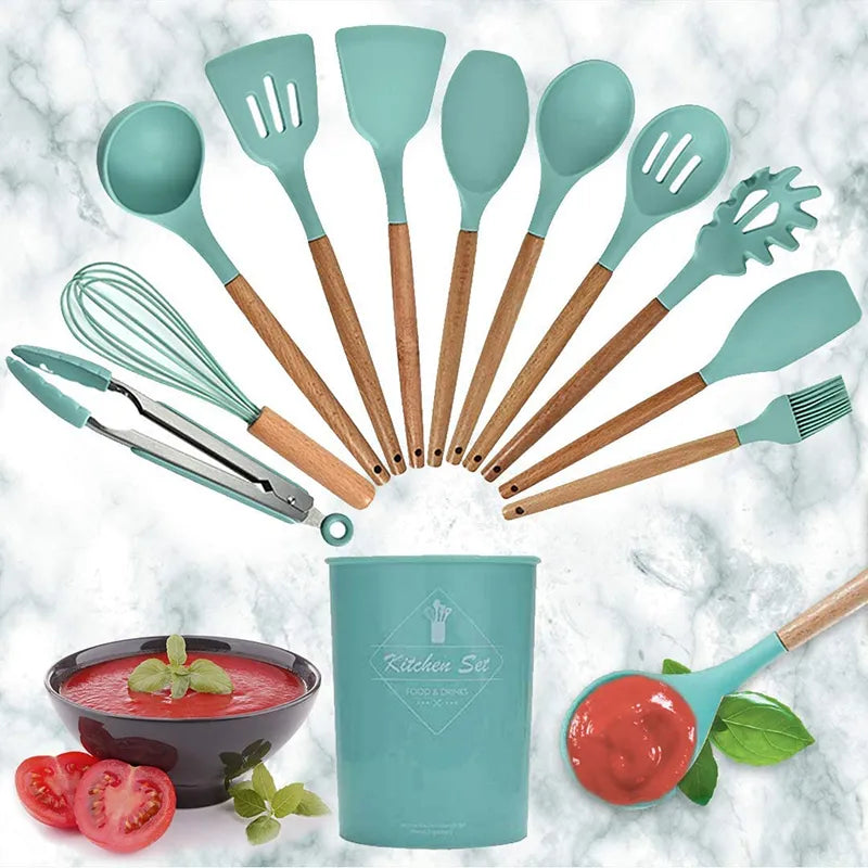 12 Pcs Silicone Kitchen Utensils Set – Heat Resistant Non-Toxic BPA-Free Cooking Tools Spatula, Spoon, Whisk, Turner, Brush, Tongs, Pasta Server Wooden Handle Non-Stick Utensil Set with Stand Durable Cooking Spoon Set