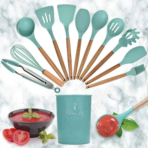 12 Pcs Silicone Kitchen Utensils Set – Heat Resistant Non-Toxic BPA-Free Cooking Tools Spatula, Spoon, Whisk, Turner, Brush, Tongs, Pasta Server Wooden Handle Non-Stick Utensil Set with Stand Durable Cooking Spoon Set