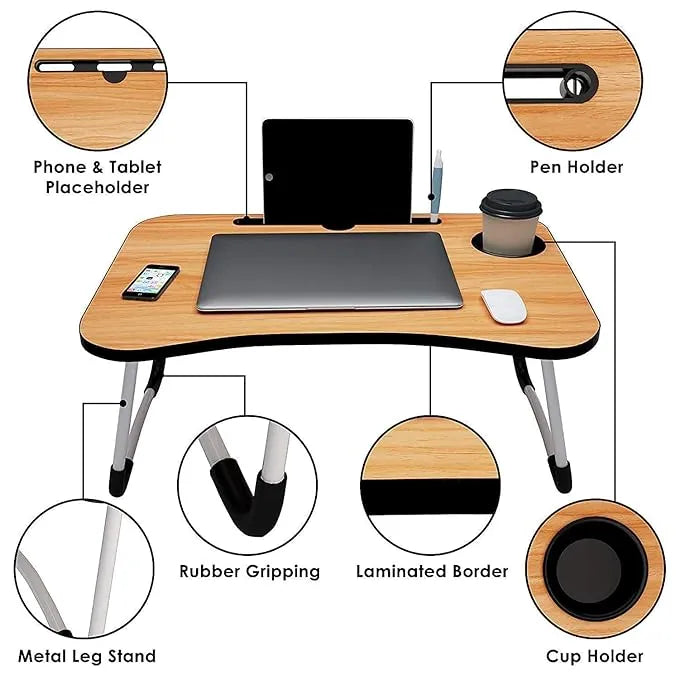 Wooden Gaming Laptop Table For Bed Foldable Stand Ergonomic Portable Drawing Notebook Reading Food Breakfast Serving With Inbuild Tablet And Cup Holder Slots Couch Black Dark Brown light Brown