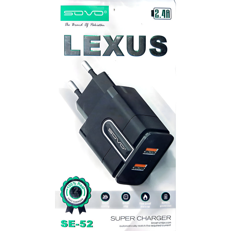Sovo SE-52 Lexus 2.4 Amp Super Fast Charging Adapter With 2 USB Ports