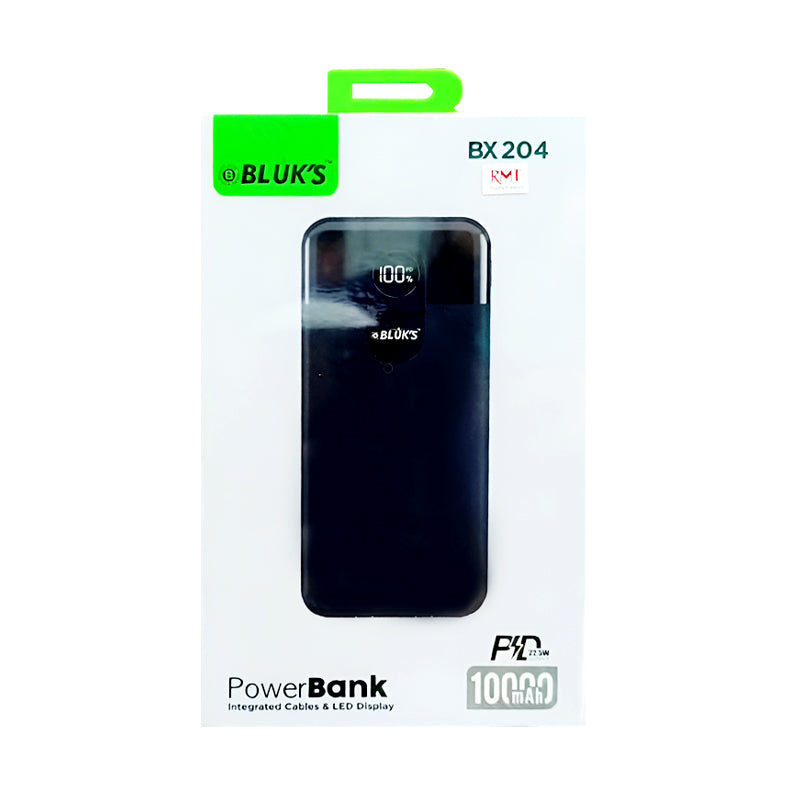 BLUK’S BX-204 10000mAh PD 22.5W Fast Charging Power Bank with Dual USB-A, Integrated Type-C & Lightning Cables, and Digital Display