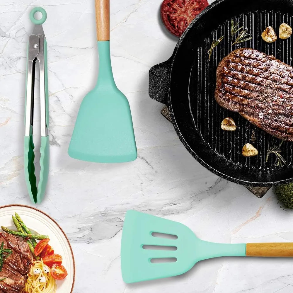 12 Pcs Silicone Kitchen Utensils Set – Heat Resistant Non-Toxic BPA-Free Cooking Tools Spatula, Spoon, Whisk, Turner, Brush, Tongs, Pasta Server Wooden Handle Non-Stick Utensil Set with Stand Durable Cooking Spoon Set