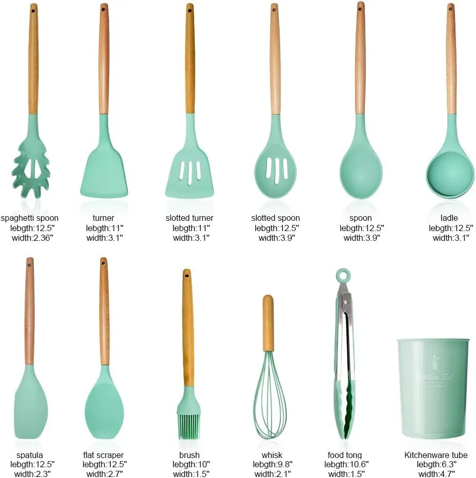 12 Pcs Silicone Kitchen Utensils Set – Heat Resistant Non-Toxic BPA-Free Cooking Tools Spatula, Spoon, Whisk, Turner, Brush, Tongs, Pasta Server Wooden Handle Non-Stick Utensil Set with Stand Durable Cooking Spoon Set