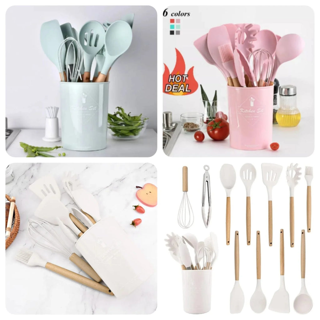 12 Pcs Silicone Kitchen Utensils Set – Heat Resistant Non-Toxic BPA-Free Cooking Tools Spatula, Spoon, Whisk, Turner, Brush, Tongs, Pasta Server Wooden Handle Non-Stick Utensil Set with Stand Durable Cooking Spoon Set