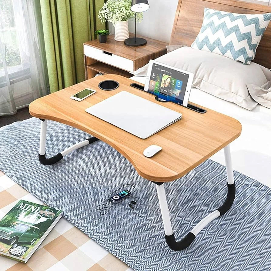Wooden Gaming Laptop Table For Bed Foldable Stand Ergonomic Portable Drawing Notebook Reading Food Breakfast Serving With Inbuild Tablet And Cup Holder Slots Couch Black Dark Brown light Brown