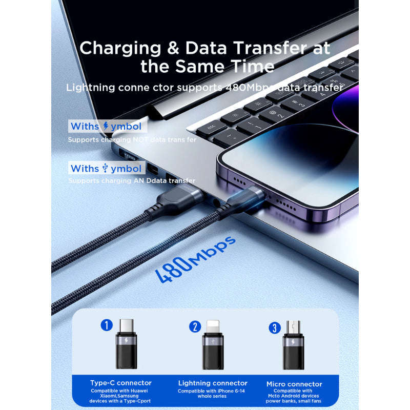 JoyRoom S-A18 3-in-1 Fast Charging and Data Cable – USB-A to Lightning, Type-C, and Micro, 3.5A