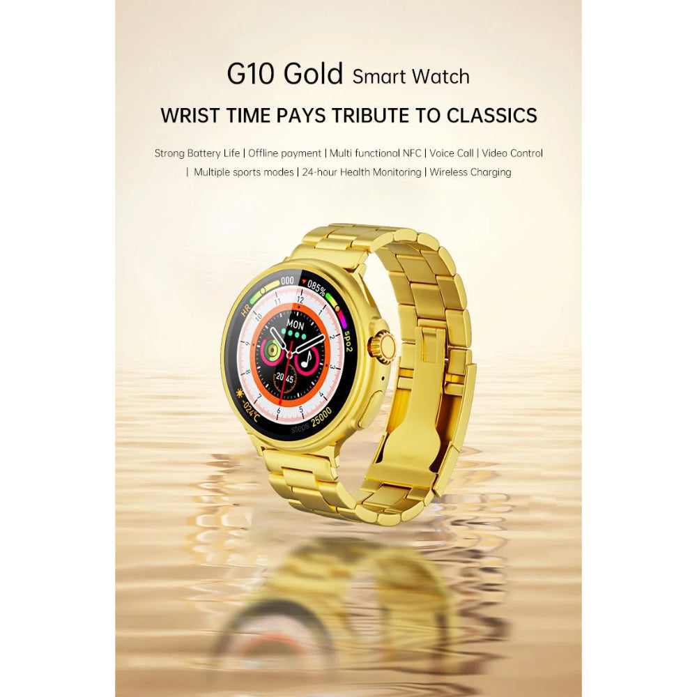 G10 24K Gold Amoled Display Luxury Stainless Steel Sports Heart Rate Health Monitoring Watch Smart Watch