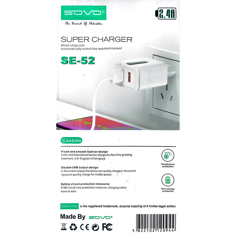 Sovo SE-52 Lexus 2.4 Amp Super Fast Charging Adapter With 2 USB Ports
