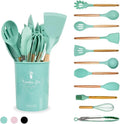 12 Pcs Silicone Kitchen Utensils Set – Heat Resistant Non-Toxic BPA-Free Cooking Tools Spatula, Spoon, Whisk, Turner, Brush, Tongs, Pasta Server Wooden Handle Non-Stick Utensil Set with Stand Durable Cooking Spoon Set