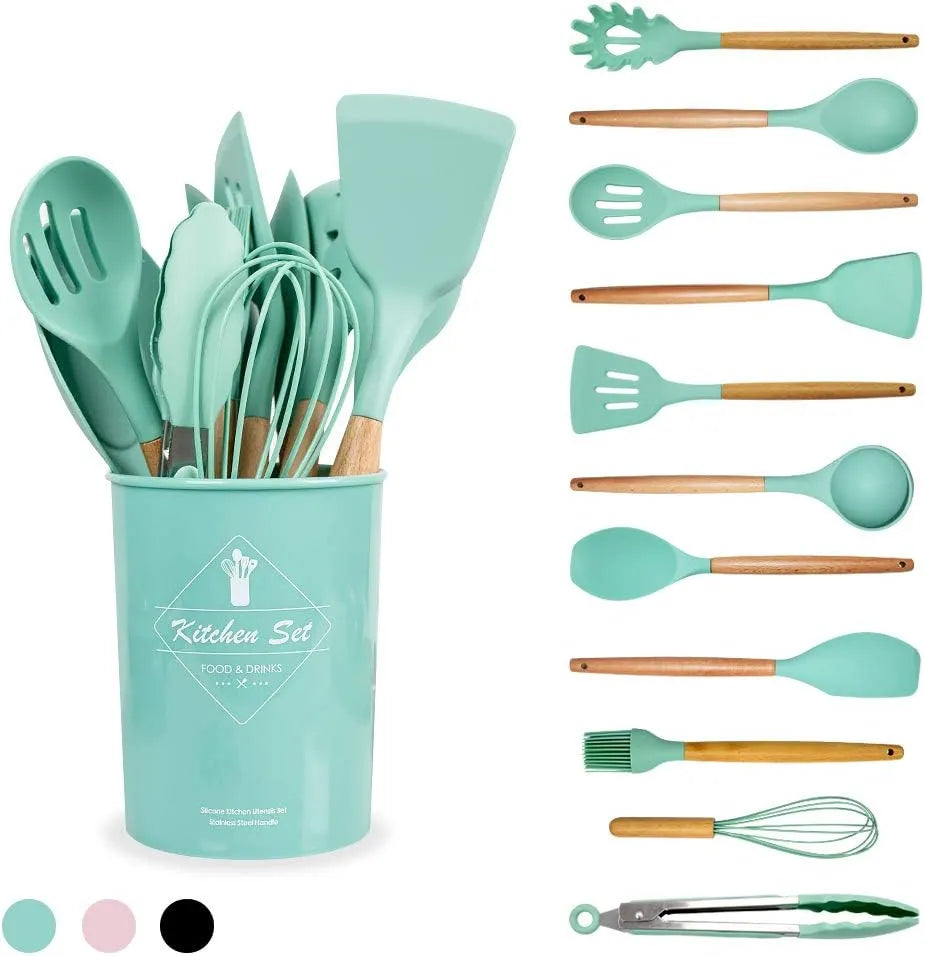 12 Pcs Silicone Kitchen Utensils Set – Heat Resistant Non-Toxic BPA-Free Cooking Tools Spatula, Spoon, Whisk, Turner, Brush, Tongs, Pasta Server Wooden Handle Non-Stick Utensil Set with Stand Durable Cooking Spoon Set
