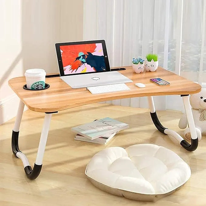 Wooden Gaming Laptop Table For Bed Foldable Stand Ergonomic Portable Drawing Notebook Reading Food Breakfast Serving With Inbuild Tablet And Cup Holder Slots Couch Black Dark Brown light Brown