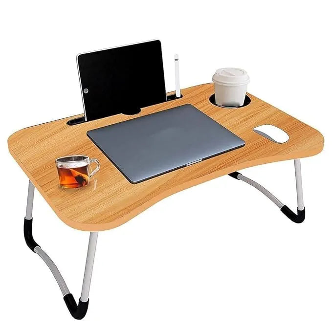 Wooden Gaming Laptop Table For Bed Foldable Stand Ergonomic Portable Drawing Notebook Reading Food Breakfast Serving With Inbuild Tablet And Cup Holder Slots Couch Black Dark Brown light Brown