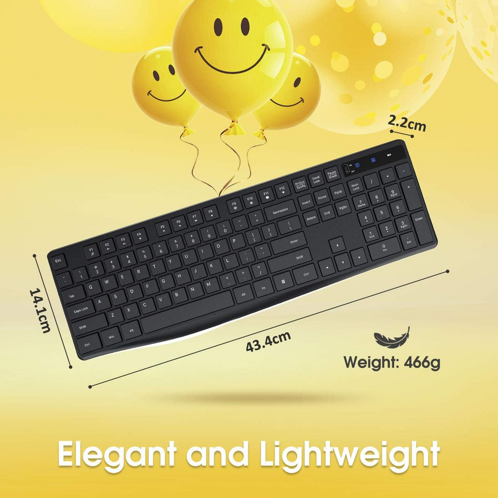 Wireless Keyboard Model PC230A Slim 2.4GHz USB Keyboard with Silent Keys Ergonomic & Battery Operated