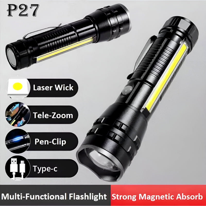 P27 LED COB Multi-Functional Tactical Metal Flashlight With Telescopic Zoom And USB Charging