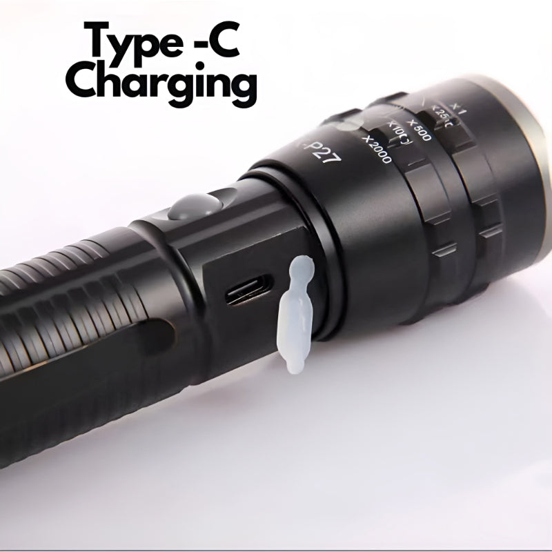 P27 LED COB Multi-Functional Tactical Metal Flashlight With Telescopic Zoom And USB Charging