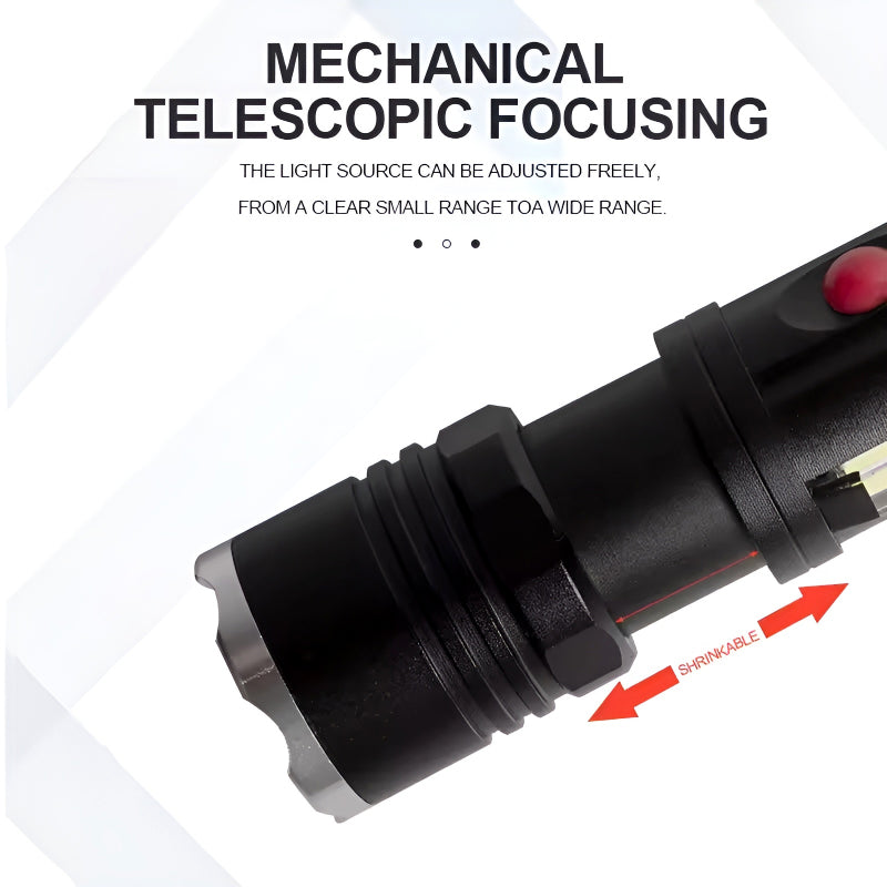P27 LED COB Multi-Functional Tactical Metal Flashlight With Telescopic Zoom And USB Charging
