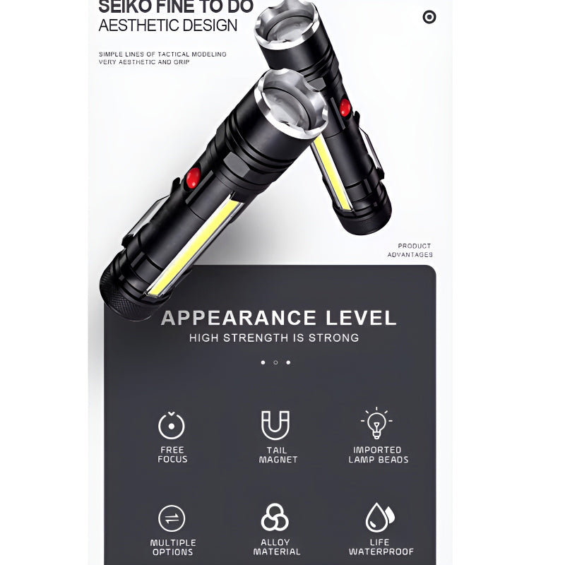 P27 LED COB Multi-Functional Tactical Metal Flashlight With Telescopic Zoom And USB Charging