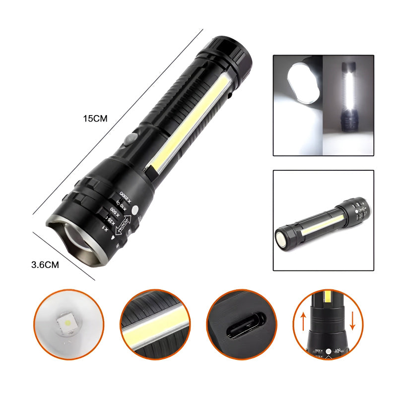 P27 LED COB Multi-Functional Tactical Metal Flashlight With Telescopic Zoom And USB Charging