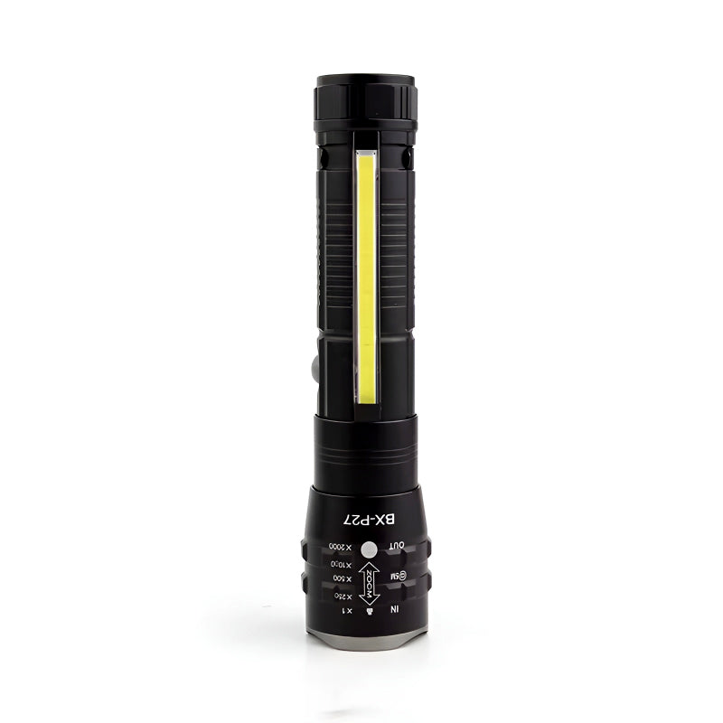 P27 LED COB Multi-Functional Tactical Metal Flashlight With Telescopic Zoom And USB Charging