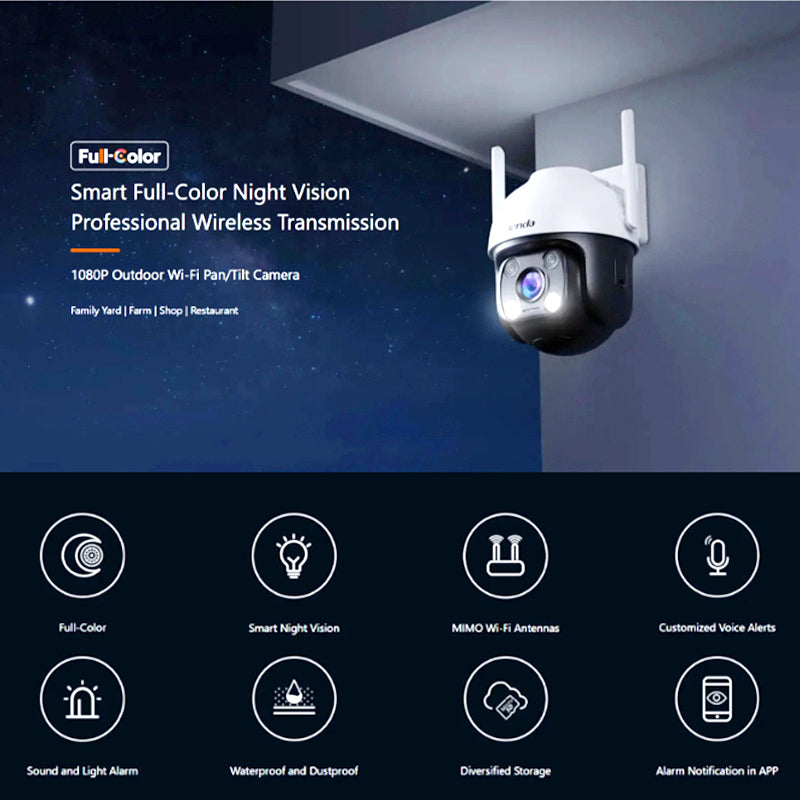 Tenda CH3-WCA 1080P Outdoor Wi-Fi Pan/Tilt Camera with Full-Color Night Vision, Alexa Support, and Smart Alerts